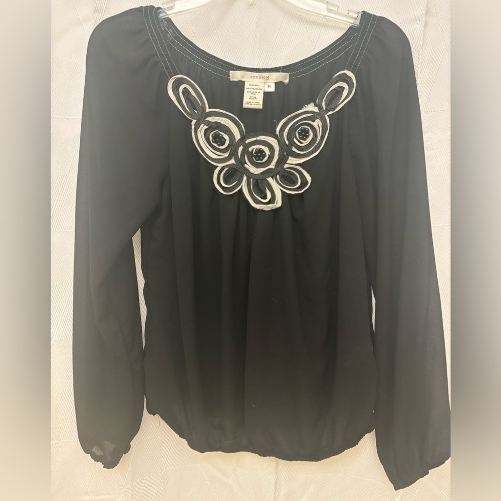 Studio M Black Blouse with White Embroidery